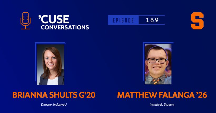 A graphic for 'Cuse Conversations that features Brianna Shults G'20 and Matthew Falanga '26